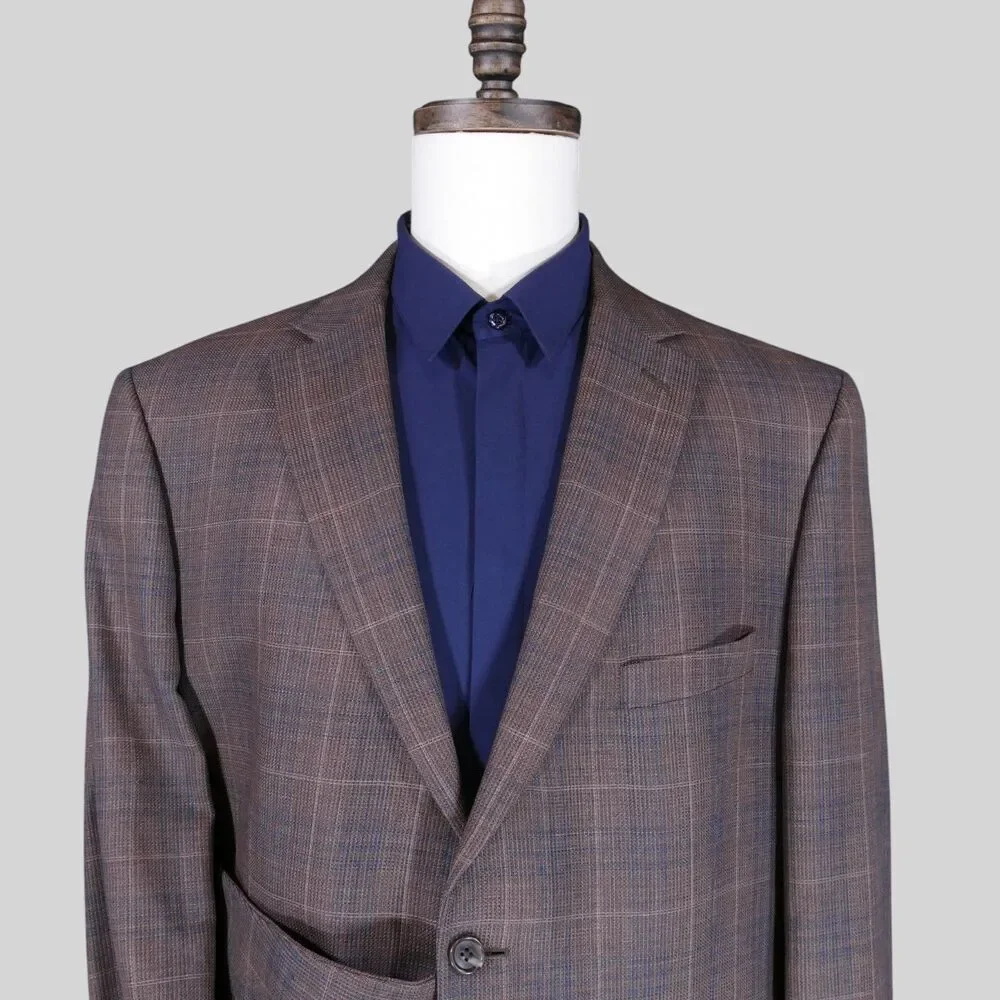 Jos A Bank Reserve Sport Coat Blazer Men 48R Tailored Brown Blue Plaid Wool Silk